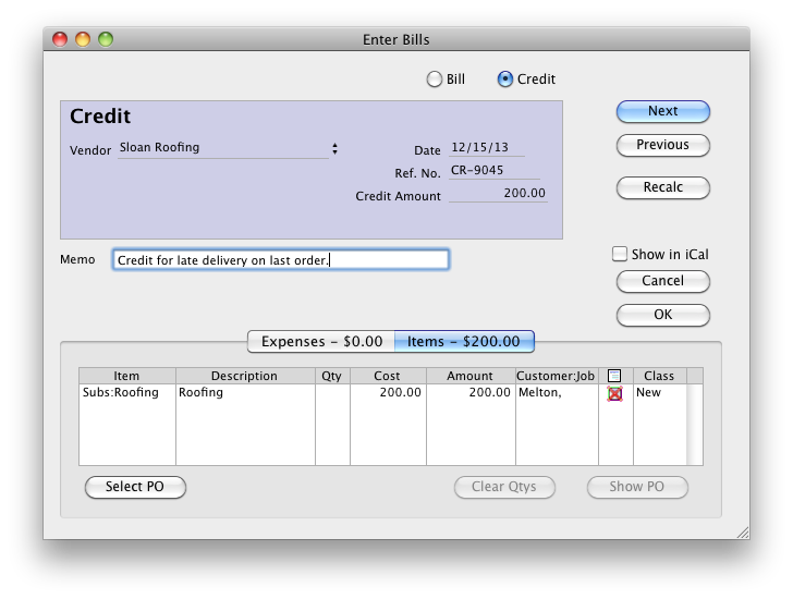 enter a credit to a vendor in quickbooks for mac
