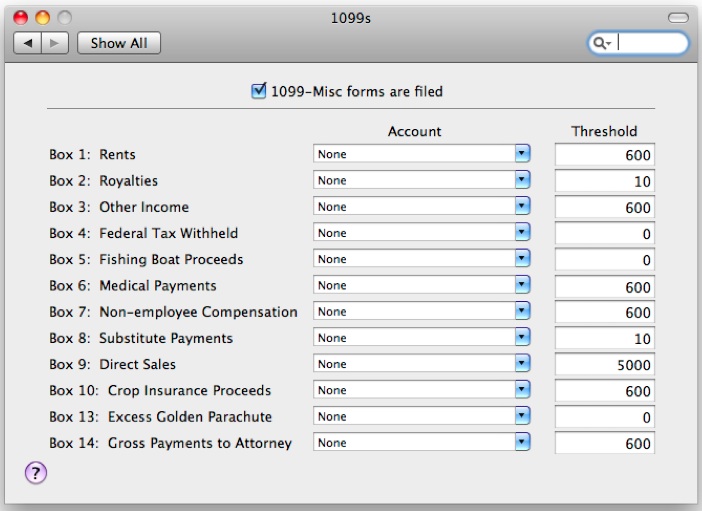 QuickBooks Mac 1099 Preferences screen